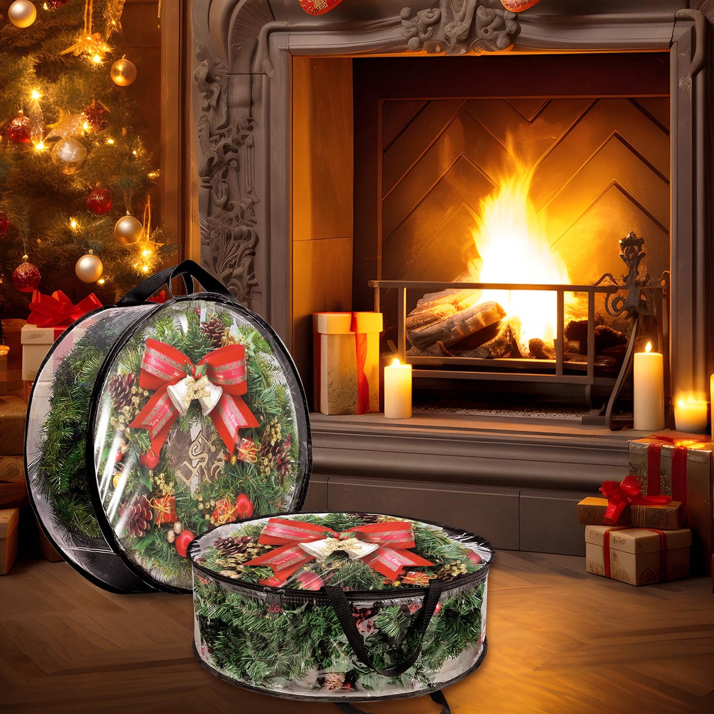 YAYODS 4 Pack Wreath Storage Container Bag 30 Inch Christmas Wreath Storage Bag Heavy Duty Christmas Wreath Boxes with Clear Window for Xmas Holiday Seasonal Wreath Garland (Black)