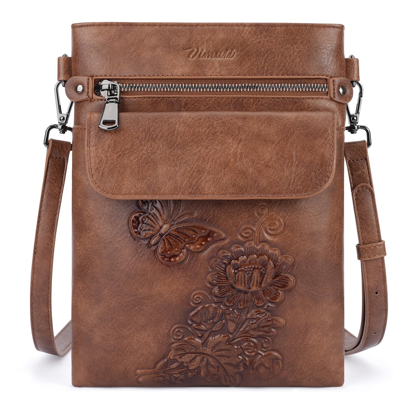 VIMUTI Small Crossbody Purse for Women, Soft Vegan Leather Multi Pocket Zipper Bag with Adjustable Strap Embossed Lightweight Travel Shoulder Bag (Brown)