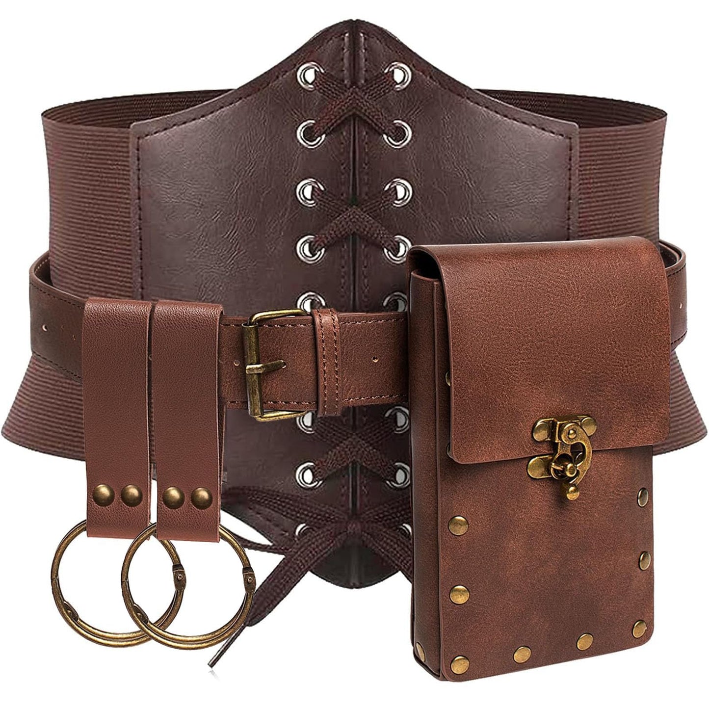 KOTORA Renaissance Costume Sets Corset Waistband Belt Pouch Purse Skirt Hike Steampunk Medieval Halloween Ren Faire Accessories (Brown, S/Waist 25.6"-34")