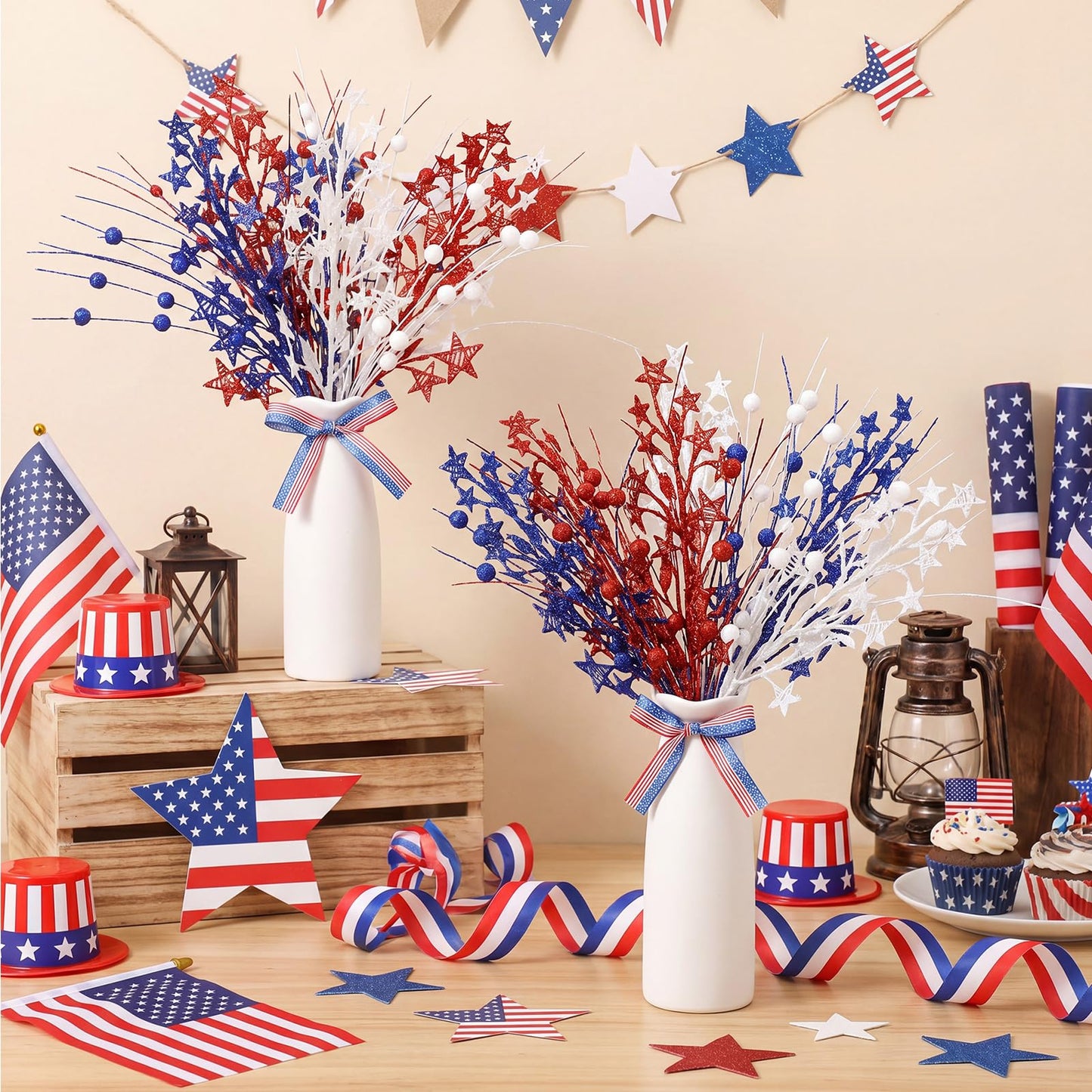 Weysat 4th of July Decorations 2 Sets Artificial Flowers and Vase Red Blue White Patriotic Flowers Memorial Day Floral Arrangement for 250th Anniversary Home Outdoor Table Decor(Star)