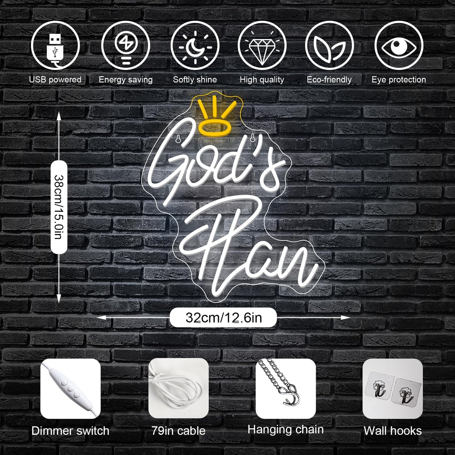 Horseneon God's Plan Neon Led Sign, God Neons Sign for Wall Decor, White Letter Neon Lights Signs with USB Powered for Bedroom, Living room, Wall Art Decoration