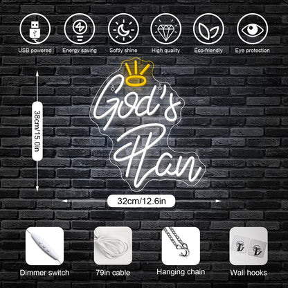 Horseneon God's Plan Neon Led Sign, God Neons Sign for Wall Decor, White Letter Neon Lights Signs with USB Powered for Bedroom, Living room, Wall Art Decoration