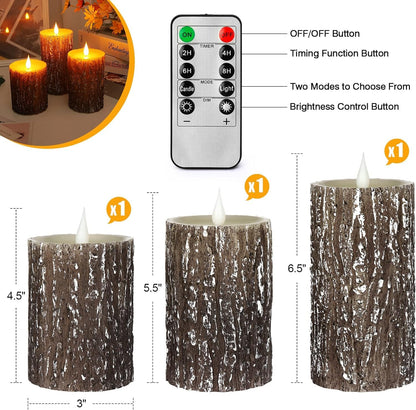 AKU TONPA Pine Bark Effect Flameless Candles Battery Operated Pillar Real Wax Flickering Electric LED Candle Sets with Remote Control Cycling 24 Hours Timer, 3" x 4" 5" 6" Pack of 3