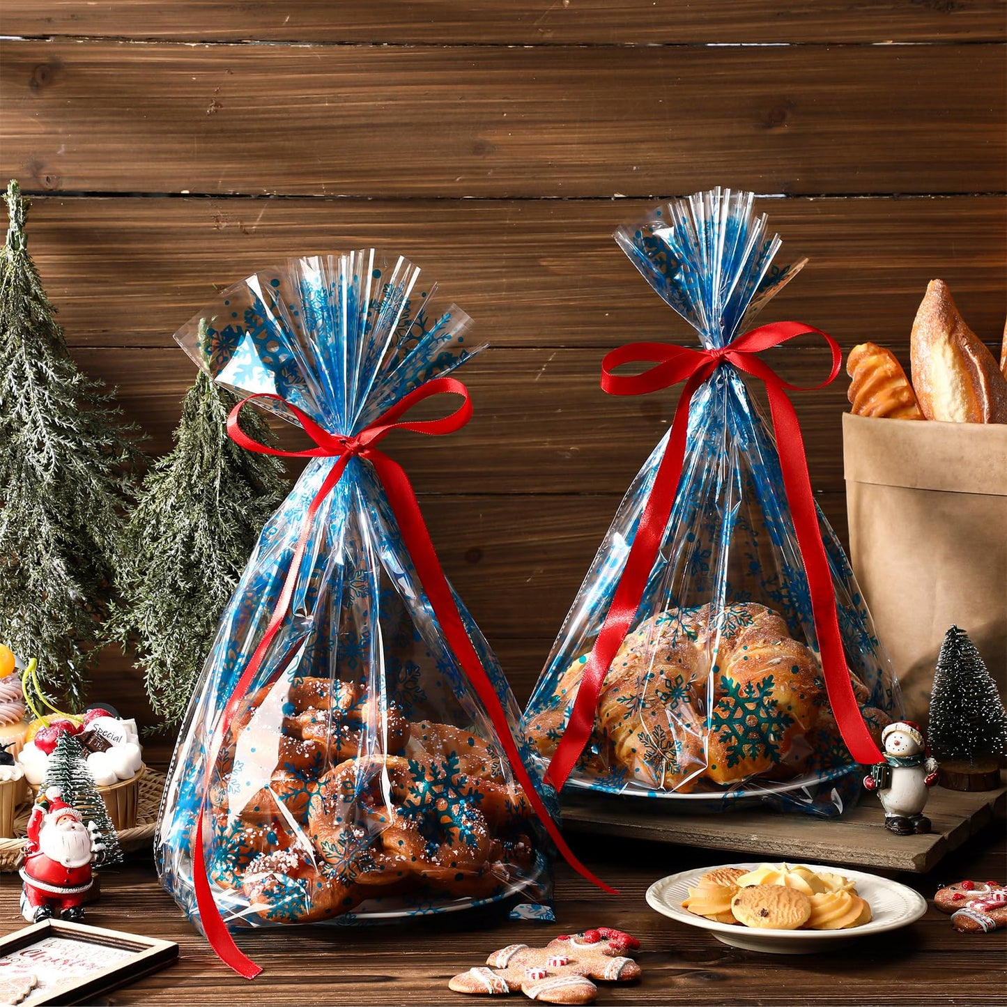 Meanplan 50 Pcs Winter Snowflakes Cellophane Cookie Tray Bags 15" x 17" Snowflake Cookie Tray Bags with Twist Ties and Red Ribbon Treats Gift Wrap for Winter Holiday Party Favors Supplies