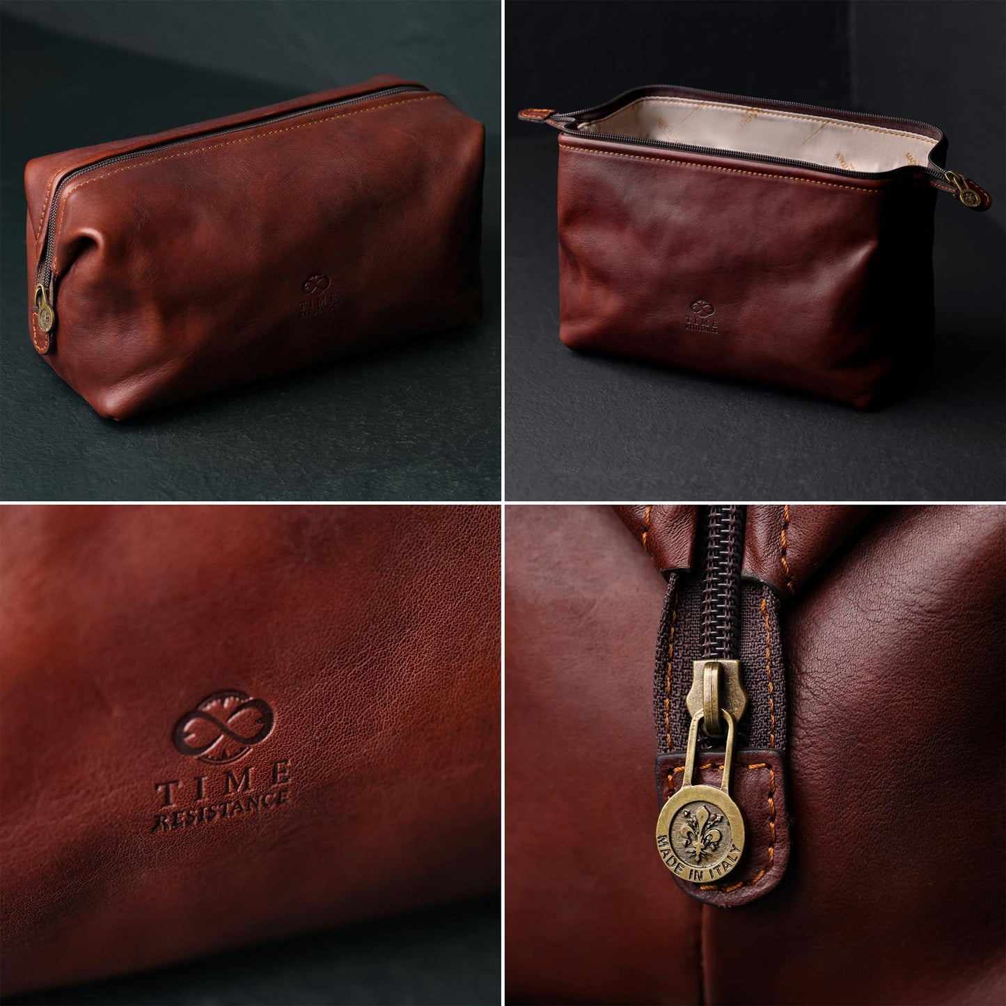 Time Resistance Leather Toiletry Bag - Italian Cosmetic Case Dopp Kit (Brown)