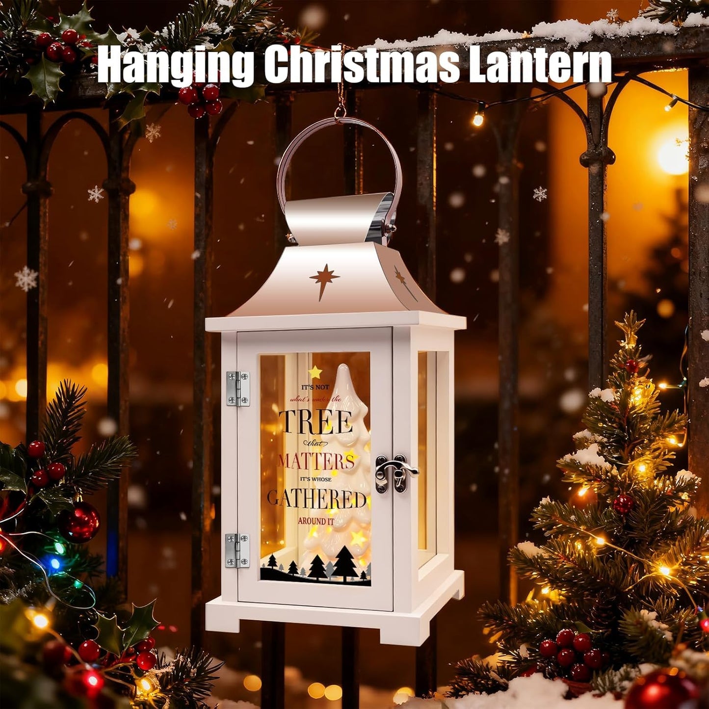 ResWRLD Ceramic Christmas Tree That Light up for Table Centerpieces, 15.1" Tall Lantern Indoor Party Decor, Hanging Candle Lantern for Home, Holidays Tabletop Décor Gift, Xmas Tree Figurine