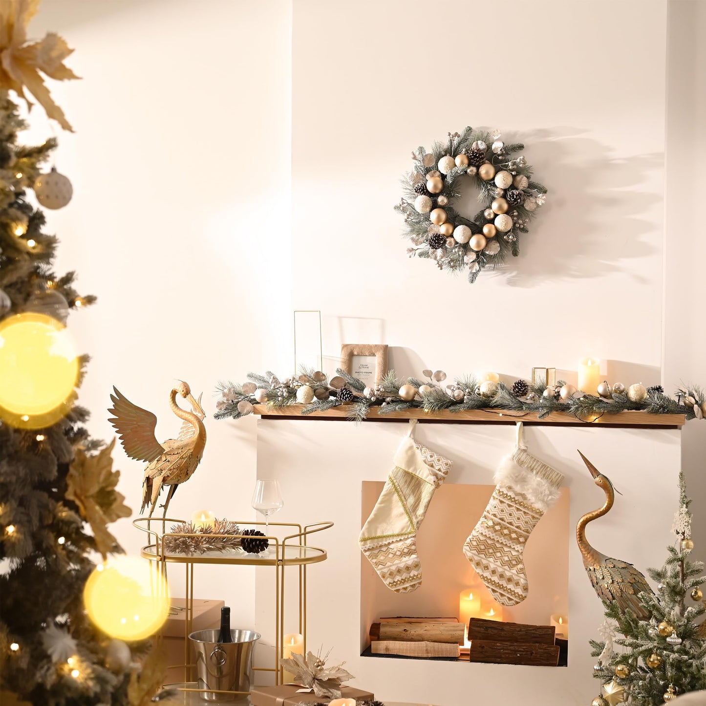 Valery Madelyn 6 Ft Pre-Lit Christmas Garland with Lights for Mantle, Lighted Outdoor Xmas Garland with White Gold Balls Norfolk Pine for Home Stairs Fireplace Table Centerpiece Indoor Holiday Decor