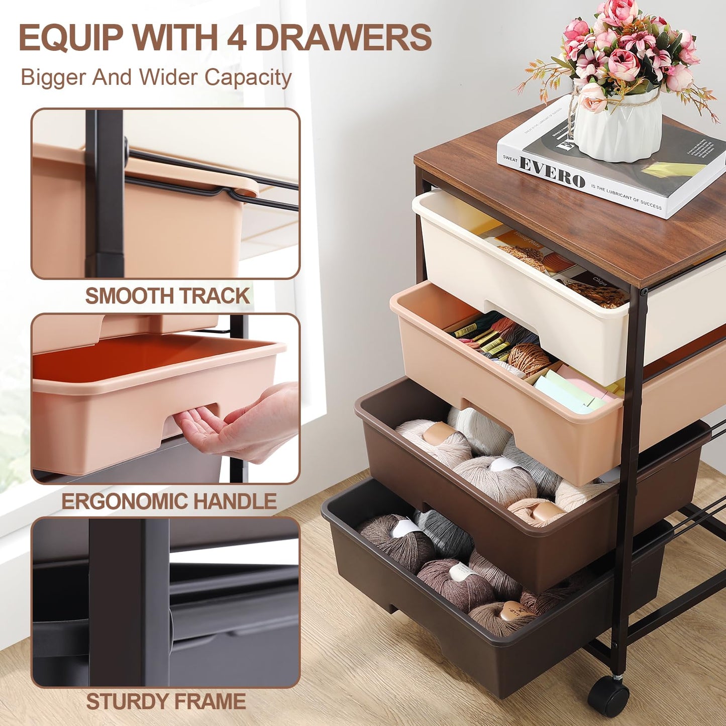 SYKIARIOL Utility Cart with 4 Drawers,Rolling Storage Cart with Drawers,Storage Rolling Drawer Cart,Brown