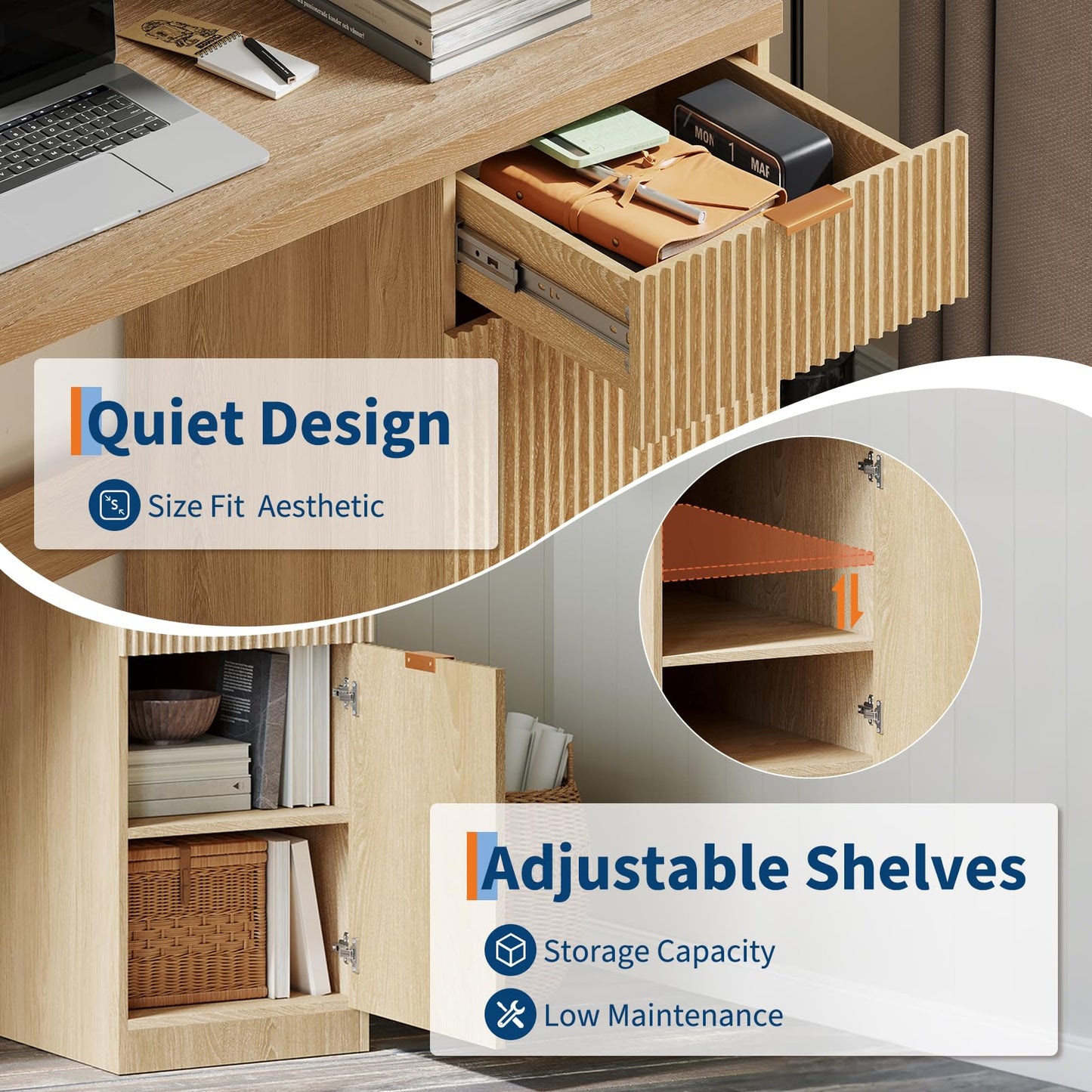 IDEALHOUSE Fluted Executive Desk with Drawers, 60" Modern Home Office Desk with Storage Cabinet, Wood Fluted Computer Desks Workstation for Working, Studying, Writing, Natural Oak