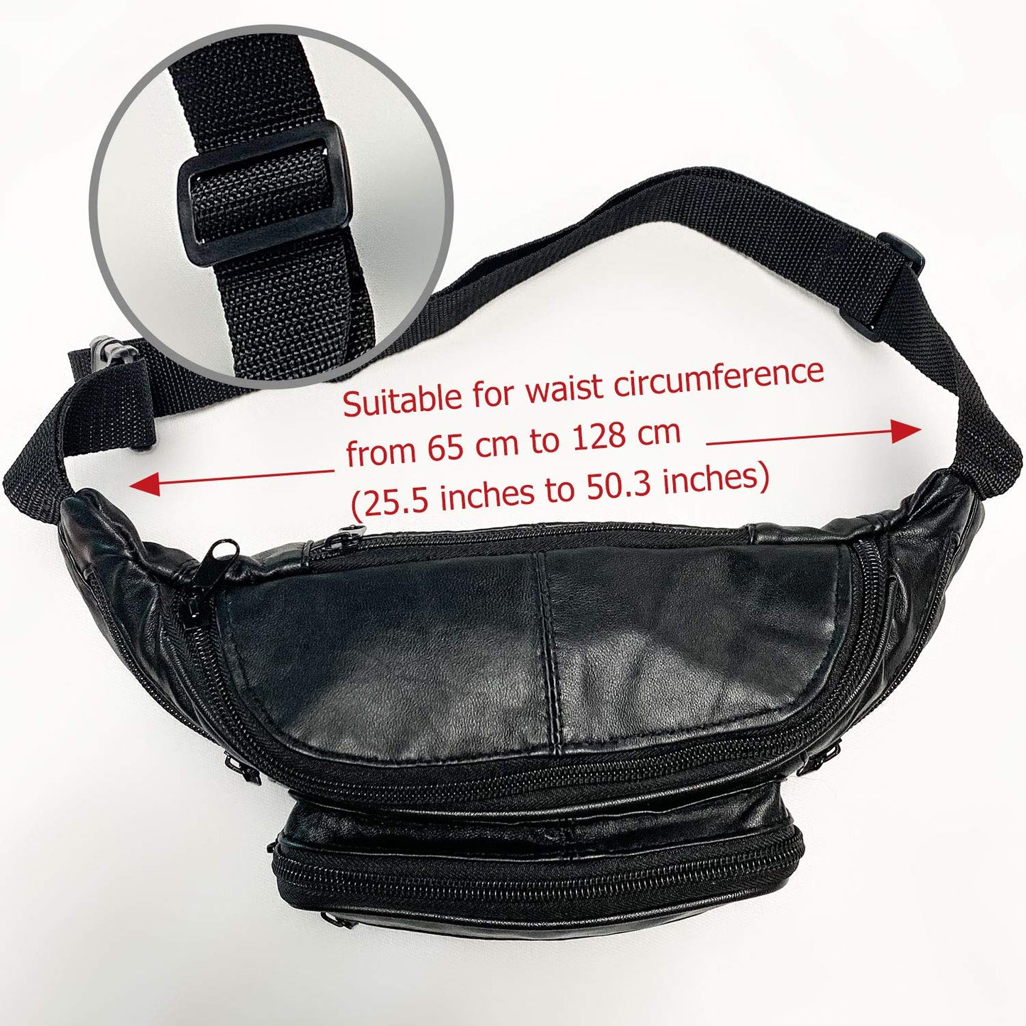 Leather Fanny Pack Travel Waist Bag for Man Women Unisex Hiking Travel Sport Running Cycling with Adjustable Belt Black