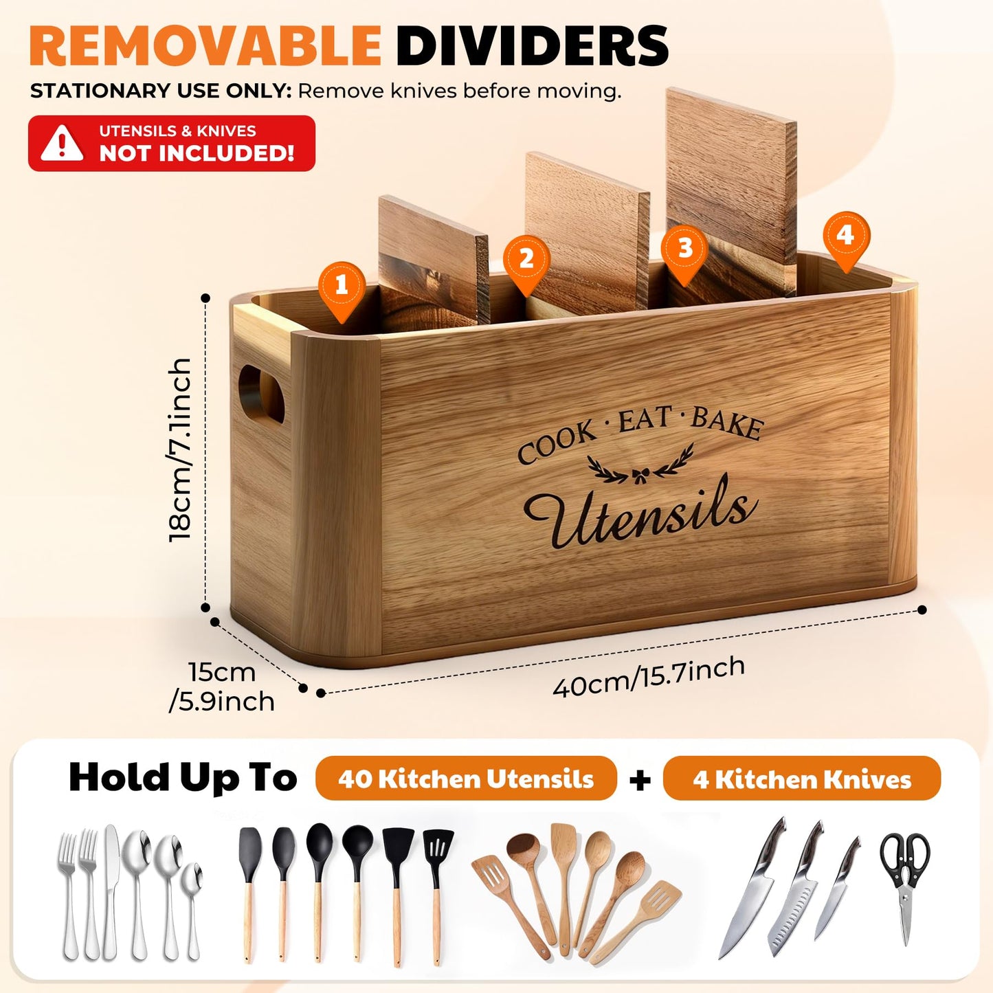 Eclove Acacia Wood Utensil Holder for Kitchen Countertop, Extra Large Wooden Utensil Organizer with Magnetic Knife Strip, 4 Compartment Farmhouse Kitchen Tool Caddy and Silverware Storage
