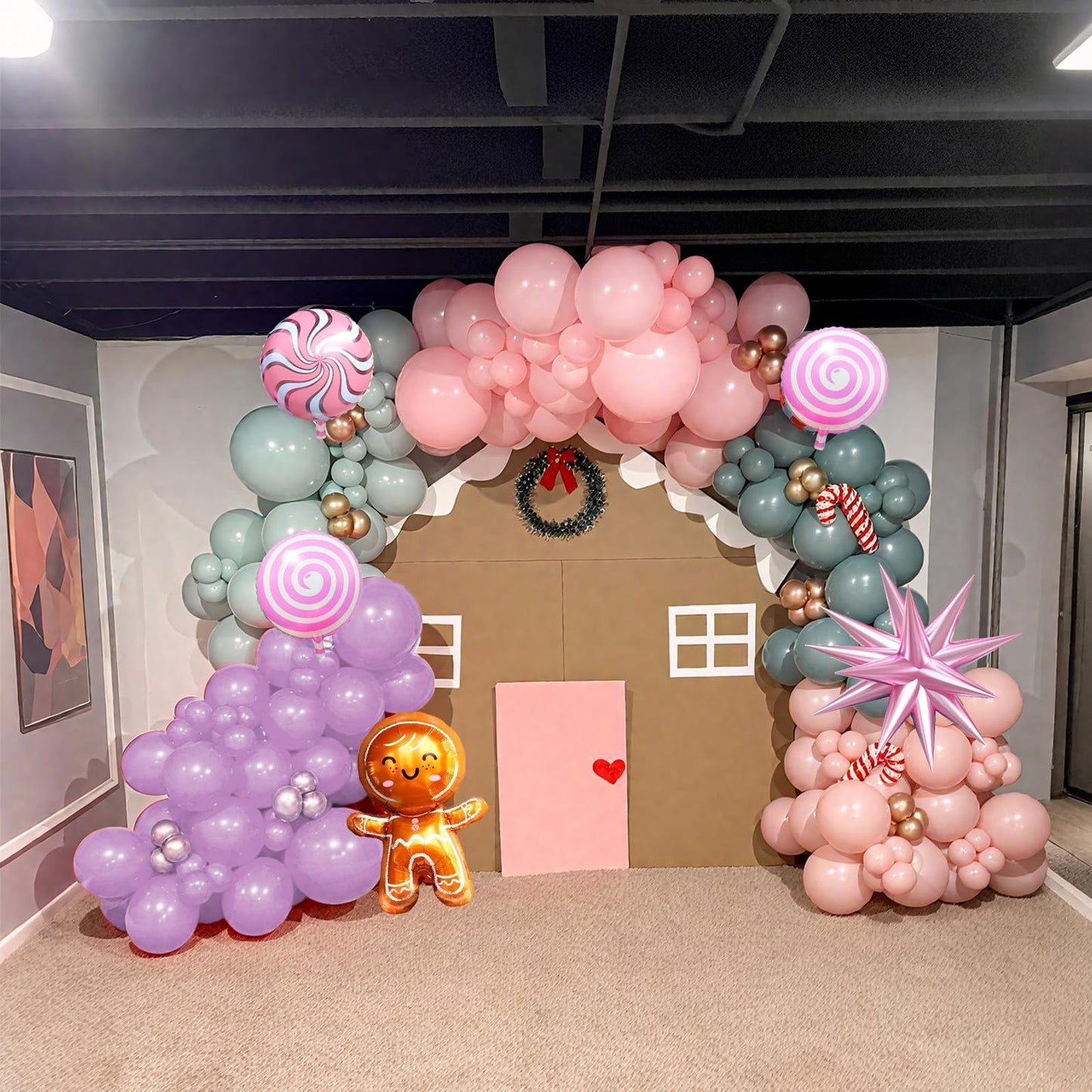 Christmas Balloon Arch Kit, Sage Green Nude Pink Purple Balloons with Lollipop Candy Gingerbread Man Star Foil Balloons for Xmas Holiday Winter Birthday New Year Party Decorations