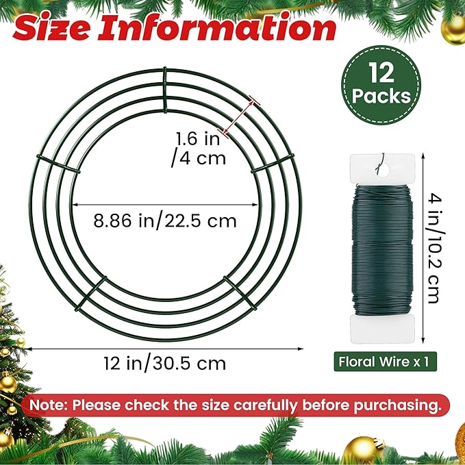 Fovths 12 Pack Christmas Wire Wreath Ring 12 Inches Metal Wire Wreath Frame with Floral Wires Green DIY Floral Crafts for Xmas Halloween New Year Holiday Valentines Day Decor