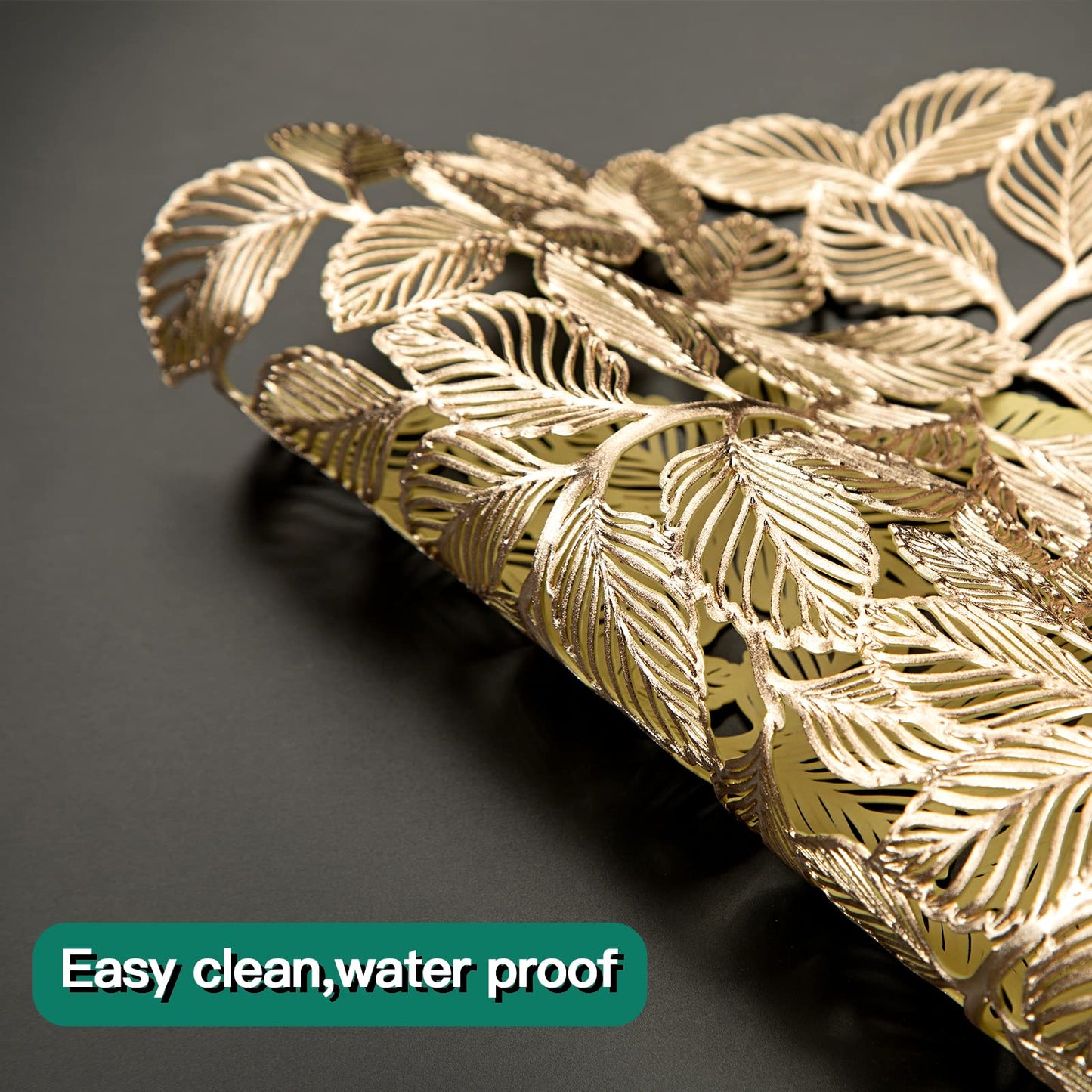 Crisjanggo Metallic Placemats Set of 6 Gold Leaf Round Placemats Non-Slip Wipeable Table Mats for Dinner,Party,Wedding Accent Centerpiece