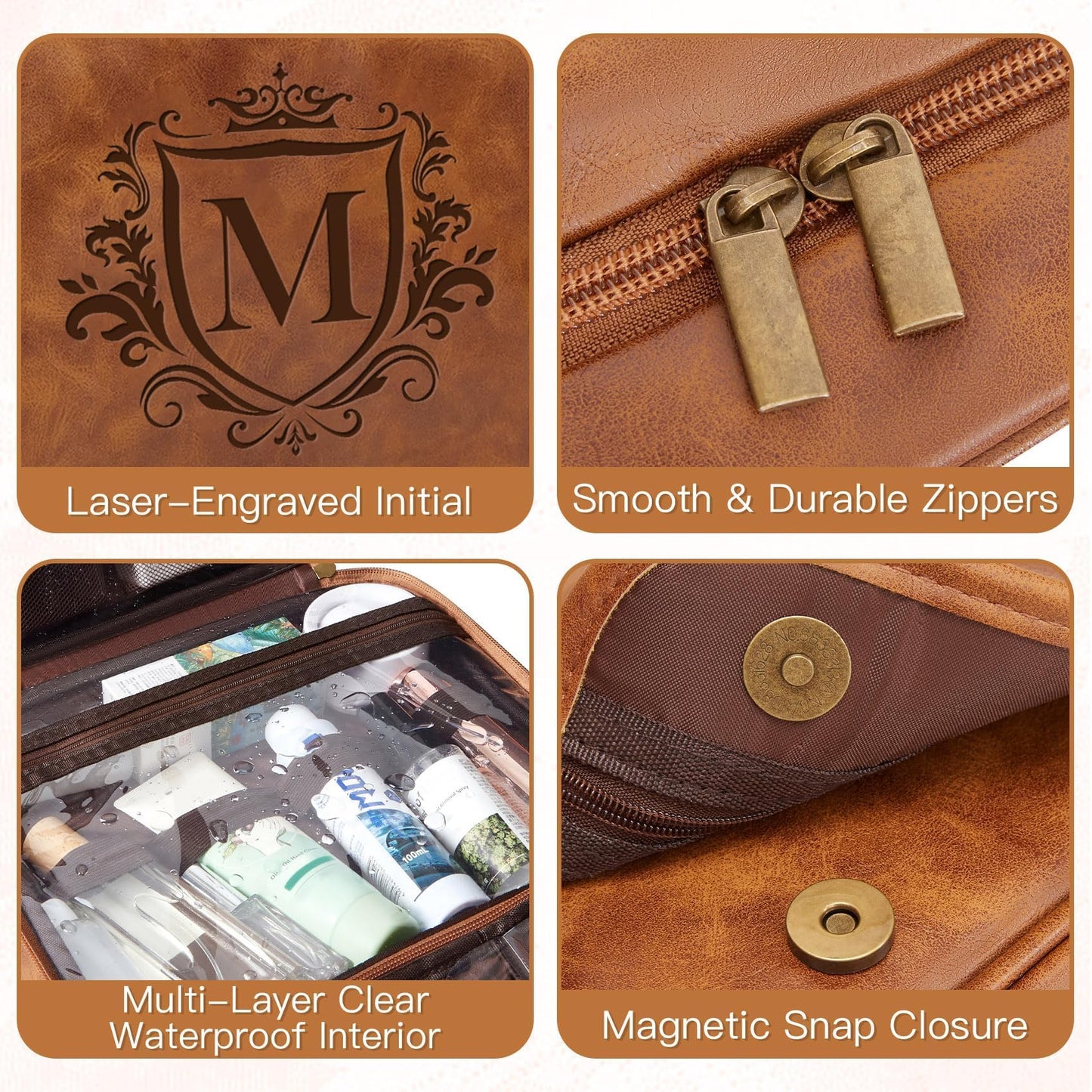 Aganmi Personalized 3-in-1 Hanging Toiletry Bag Fathers Day Birthday Gifts for Men Dad Husband, Custom Initial Large Waterproof PU Leather Dopp Kit Shaving Bag Travel Essential for Him Light Brown J
