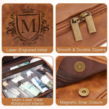 Aganmi Personalized 3-in-1 Hanging Toiletry Bag Fathers Day Birthday Gifts for Men Dad Husband, Custom Initial Large Waterproof PU Leather Dopp Kit Shaving Bag Travel Essential for Him Light Brown J
