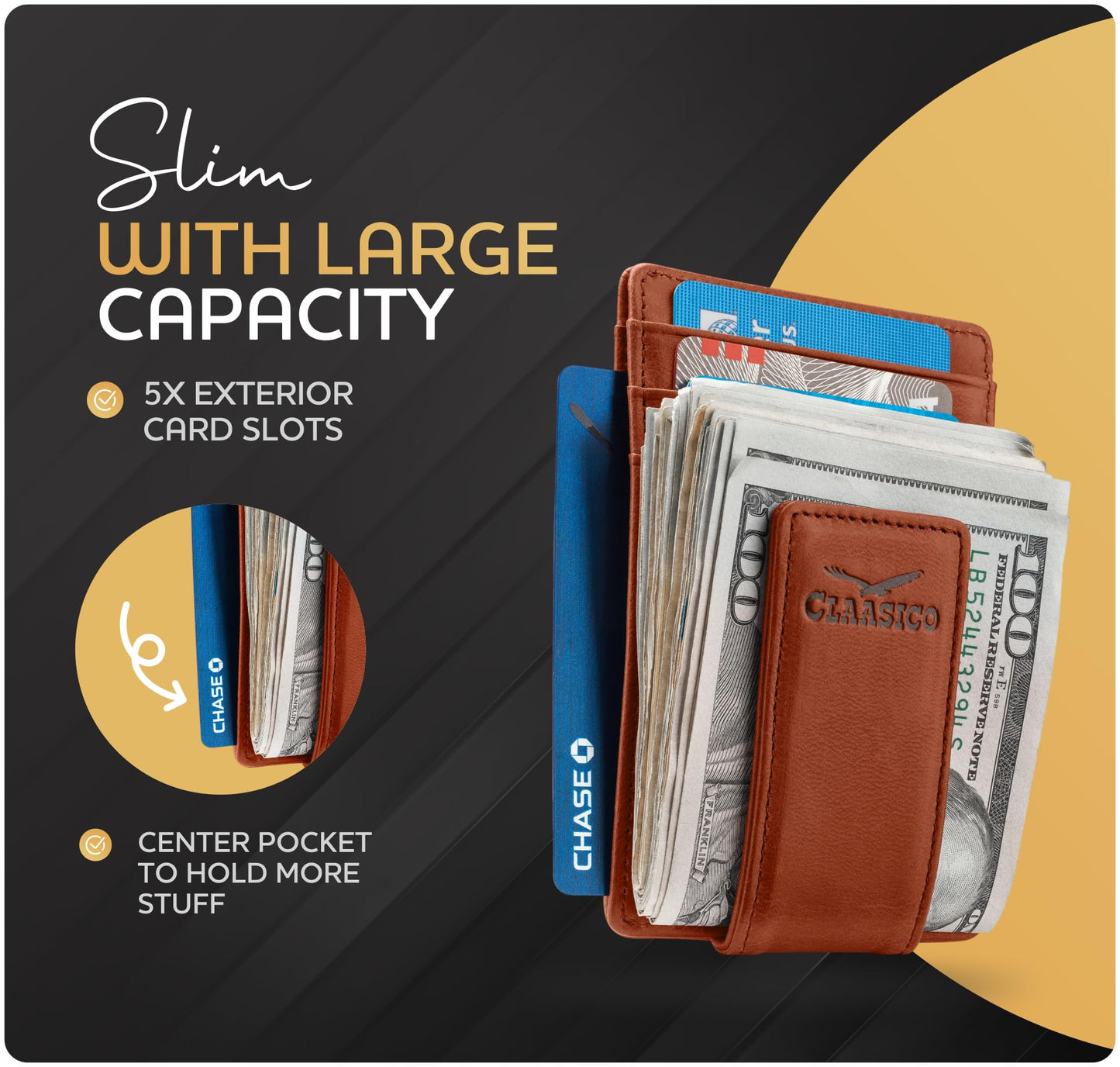Claasico Men’s Leather Money Clip Wallet – Slim Front Pocket Wallet w/Super Strong Magnetic Clip, RFID Blocking, 5 Card Slots & Center Pocket + ID Window