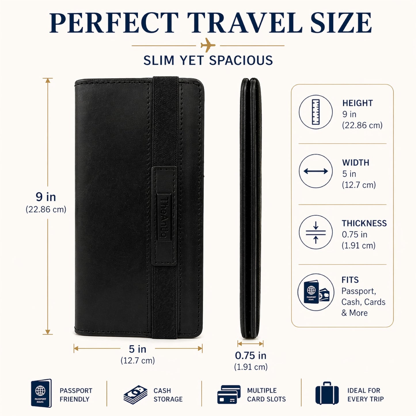 TheAntiq Black Leather Long Passport Wallet - Travel Document Organizer with Card Slots ID Window Zipper Pocket Slim Passport Holder for Travel & Everyday Use, 5 x 9