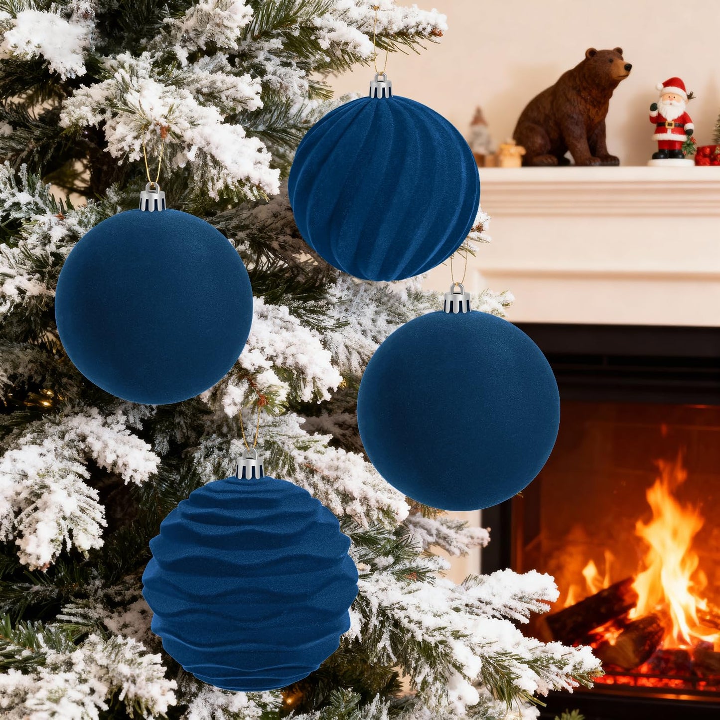Artmag 4 PCS Large Velvet Christmas Balls Ornaments Shatterproof Hanging Set Flocked for Xmas Tree Holiday Party Decorations (Blue,4 Inch)