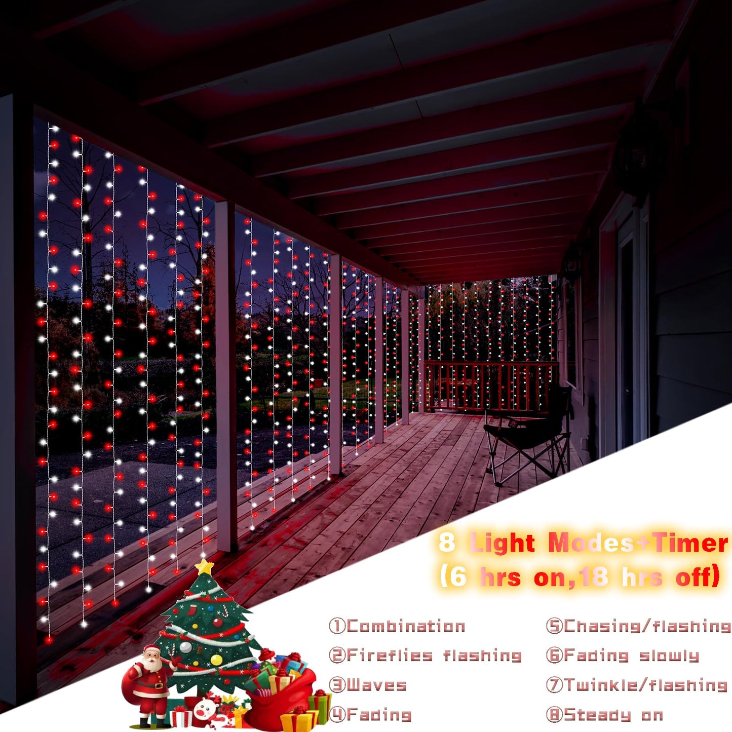 DealBeta Battery Operated Curtain Lights Christmas Red White with Remote 9.8×9.8ft