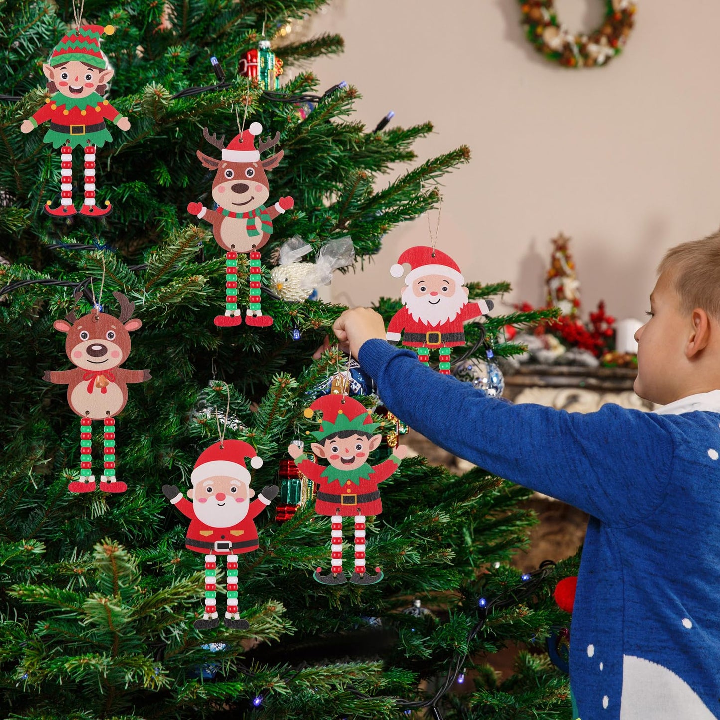 Cinnvoice 24 Sets Christmas Sign Craft Kits for Kids Winter Wooden Crafts with Beads Santa Claus Reindeer Elf Ornament Christmas DIY Craft Art Sets for Holiday Party Favors Classroom Activities Decor