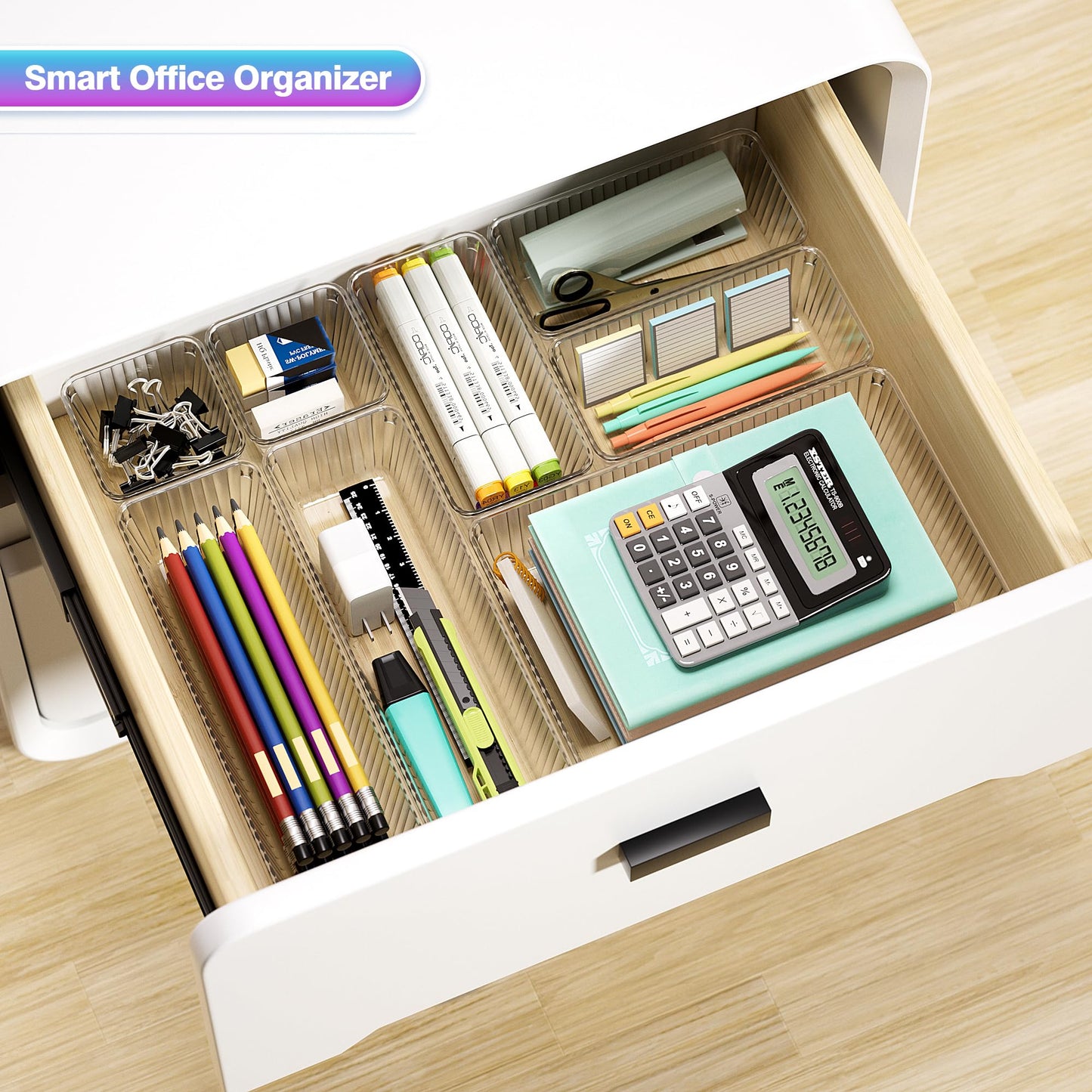 Okylvve 25 PCS Clear Plastic Drawer Organizer Set - 4 Sizes Makeup Organizer Desk Drawer Divider Bathroom Organizers and Storage Bins for Makeup, Jewelry, Gadgets, Office, Kitchen, Bedroom, Bathroom