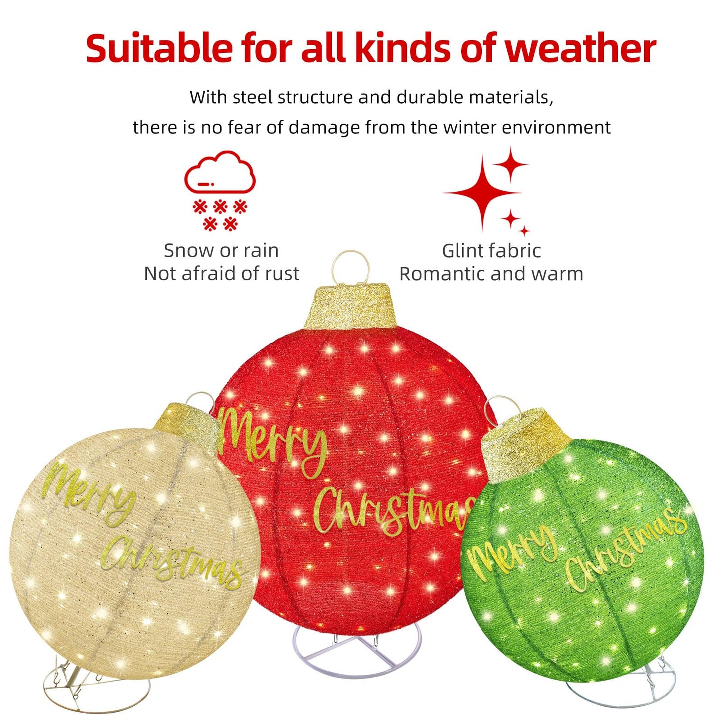 HOYECHI 3pc Lighted Pop-Up Outdoor Christmas Ornament Set – Holiday Ball Decorations with 290 LED Lights, 8 Lighting Modes, for Yard & Outdoor Christmas Decor - Red/Green/Gold
