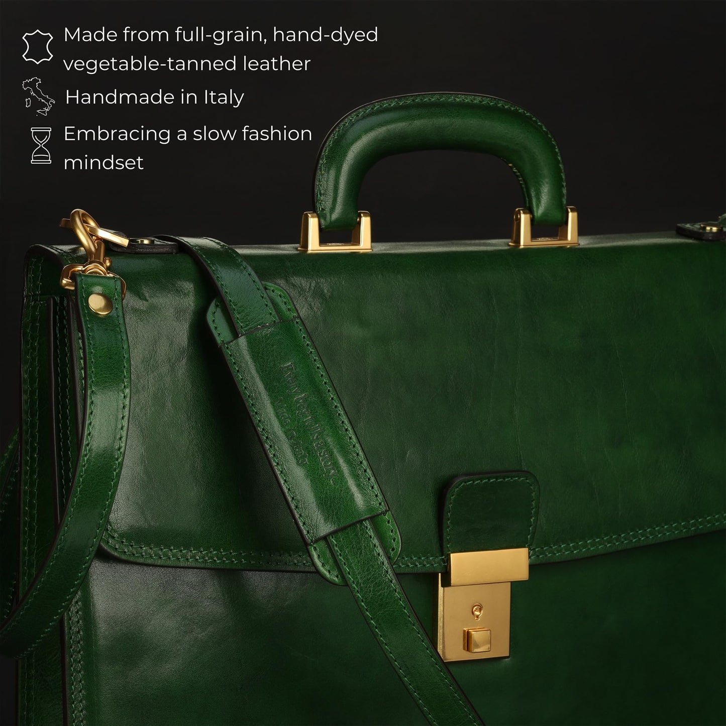 Time Resistance Leather Briefcase - Italian Handmade Leather Laptop Bag - Handbag for Men - Professional Computer Case (Green)