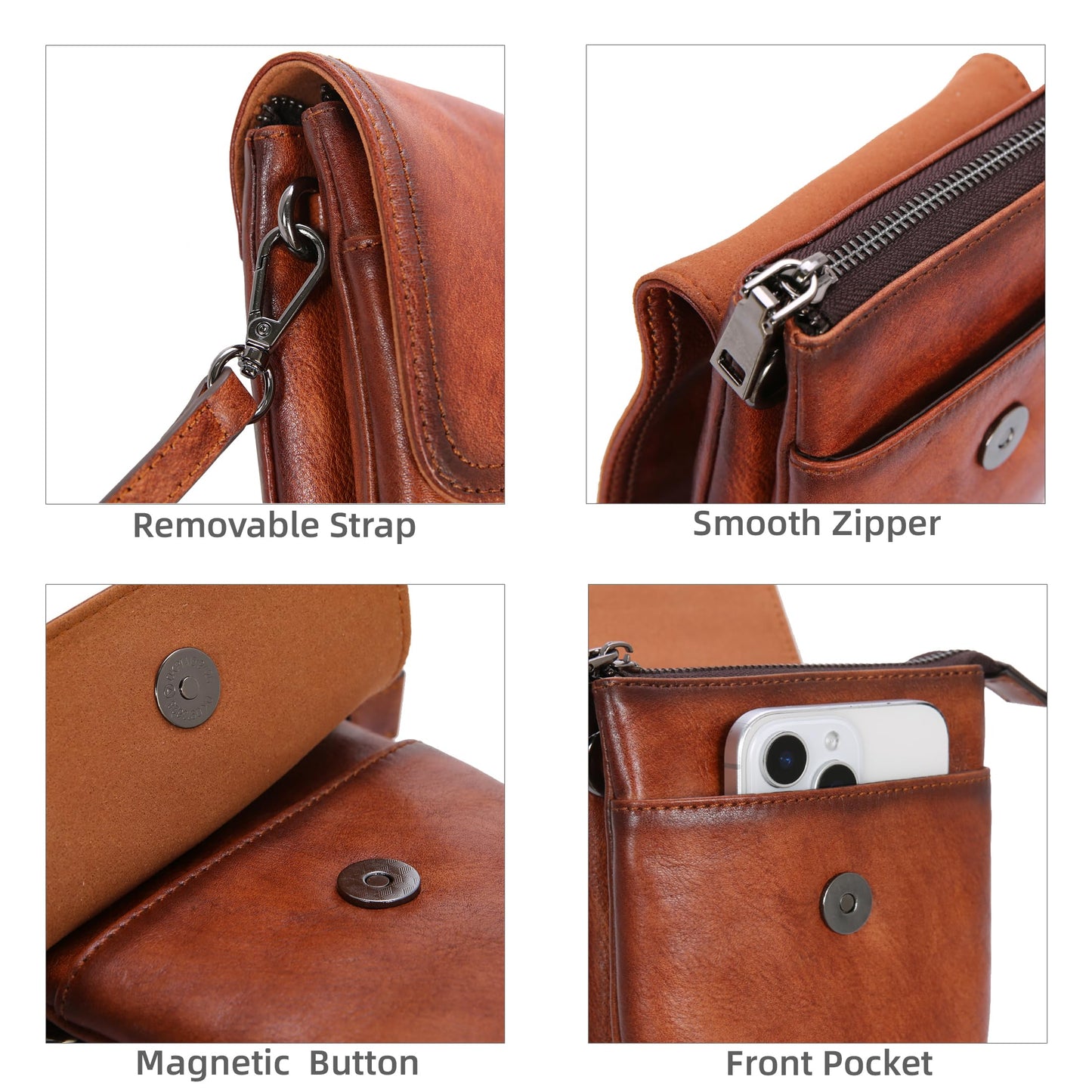 Iswee Brown Purse Leather Crossbody Bags for Women Anti-Theft Cell Phone Purse with Crossbody Strap Women’s Shoulder Bag(Brown)
