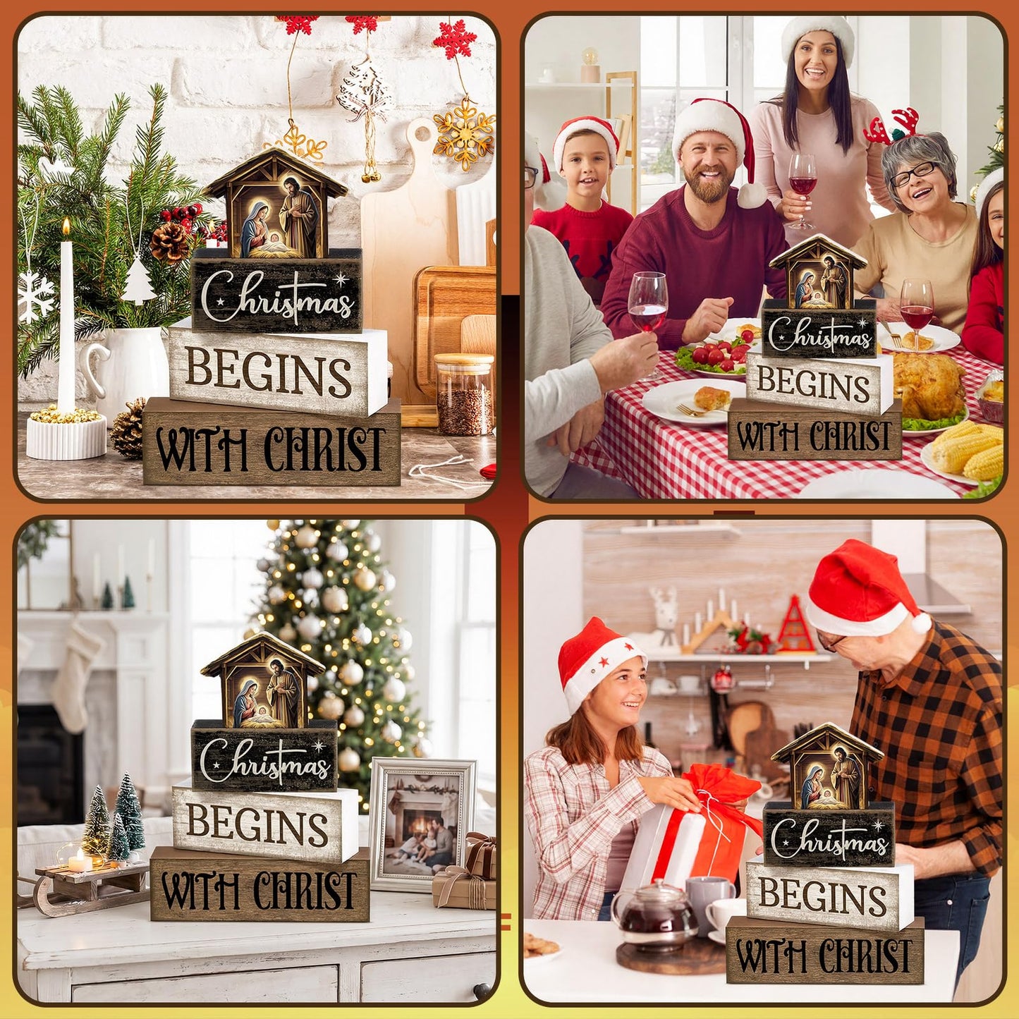Moucuny 4 Pcs Christmas Table Decoration Christian Wooden Stacked Block Decor, Christmas Begins with Christ Signs with Nativity Scene Topper, Rustic Religious Xmas Tiered Tray Decor for Home Church