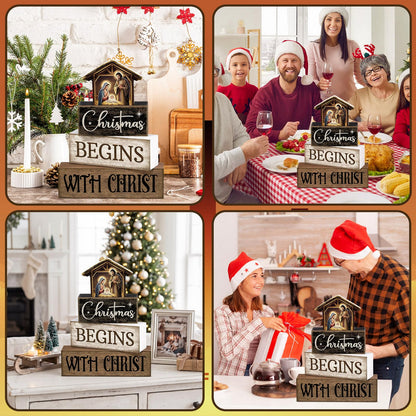 Moucuny 4 Pcs Christmas Table Decoration Christian Wooden Stacked Block Decor, Christmas Begins with Christ Signs with Nativity Scene Topper, Rustic Religious Xmas Tiered Tray Decor for Home Church