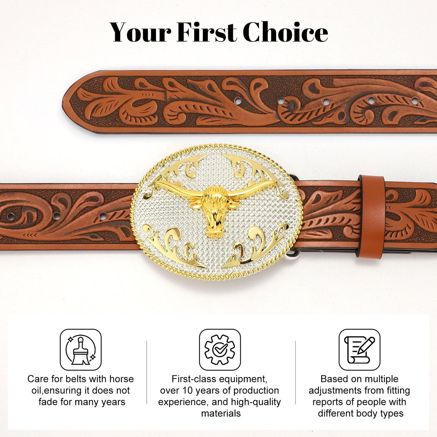 SANSTHS Cowboy Belts for Men Women, Western Leather Belt with Big Buckles Mexican Country Black Longhorn Bull Belt for Jeans, Brown