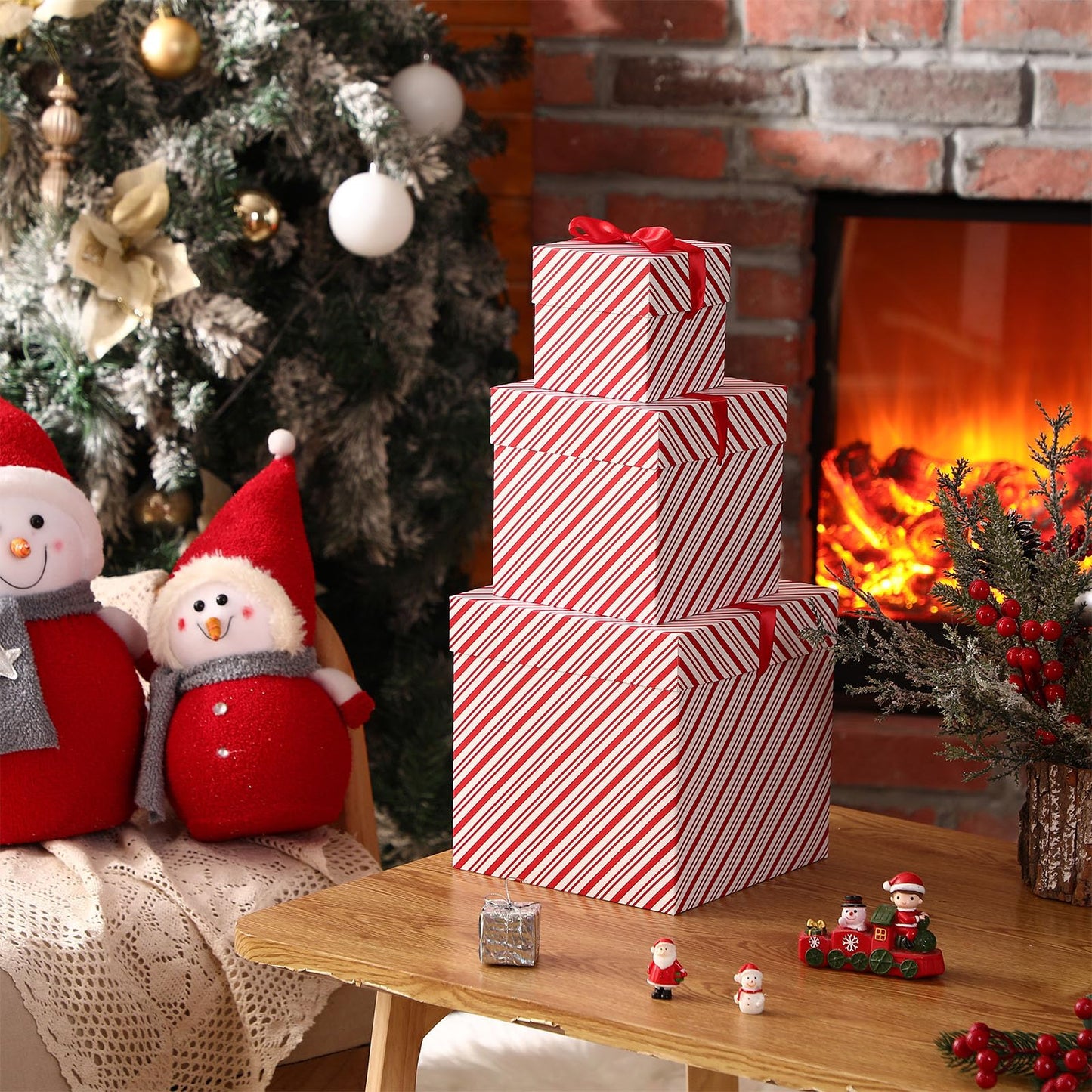 TecUnite 3 Pcs Christmas Nesting Gift Boxes Candy Cane Striped Christmas Stackable Boxes Decorative with Lids for Present Wrapping Xmas New Year Holiday Party Decor(Red White Stripe)