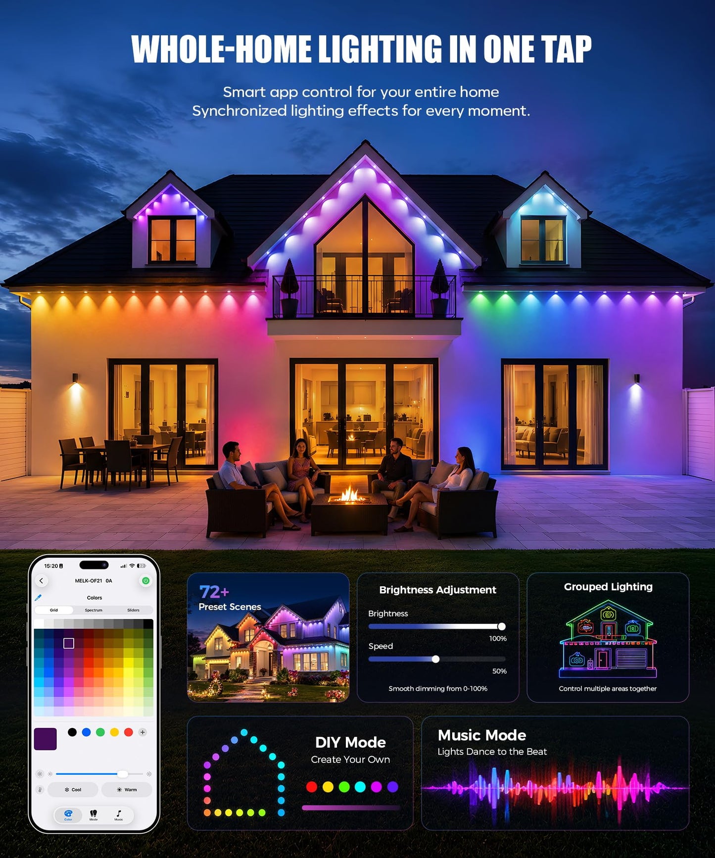 POOFZY Permanent Outdoor Lights 150FT, RGBIC Smart Outdoor Lights for House, App & Voice Control, Waterproof Outdoor Eave Lights for Christmas Holiday Patio Yard Decor