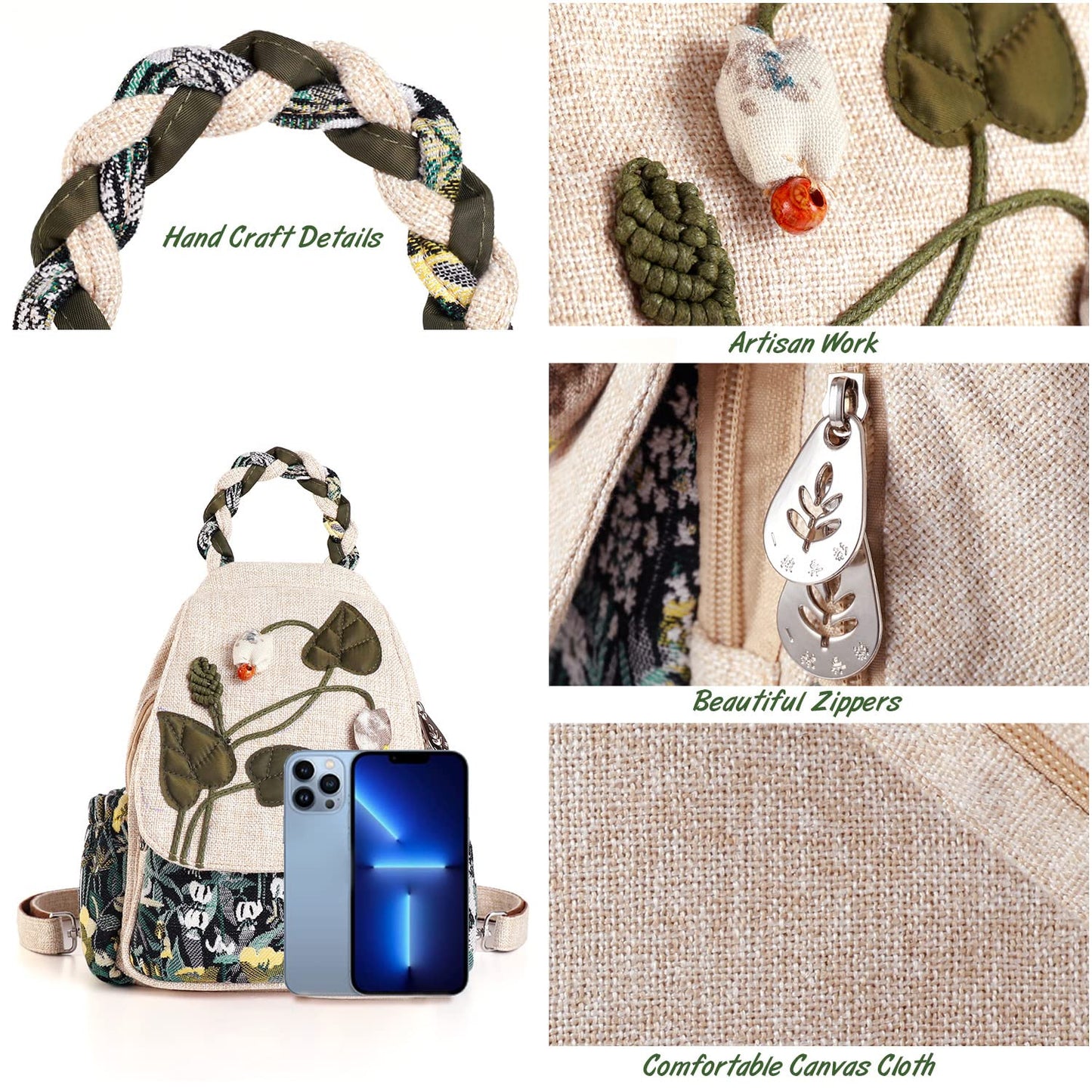 Girl's Convertible Sling Bag, Hand Craft Artisan Purse, Beautiful Canvas Premium Casual Day Mini Backpack for Women (Green Marsh)