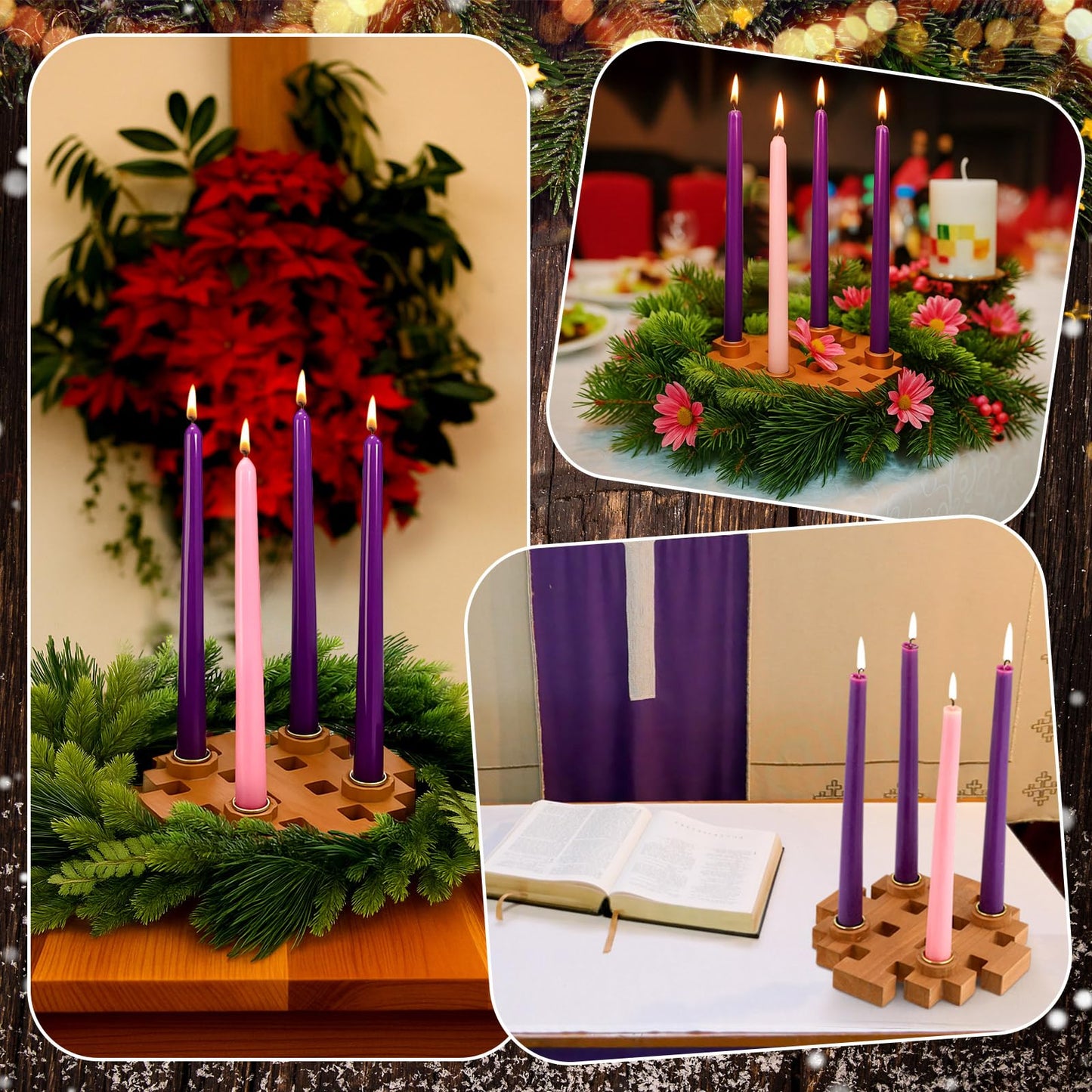 Mumufy 5 Pcs Advent Candle Holder Set Christmas Centerpiece Religious Decorations Snowflake Shape Wooden Advent Candlestick Holders with Purple Pink Taper Candles for Thanksgiving Christmas Nativity