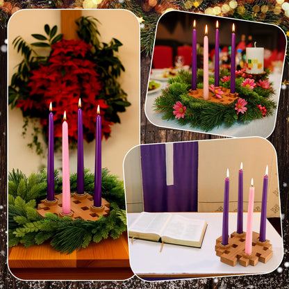 Mumufy 5 Pcs Advent Candle Holder Set Christmas Centerpiece Religious Decorations Snowflake Shape Wooden Advent Candlestick Holders with Purple Pink Taper Candles for Thanksgiving Christmas Nativity