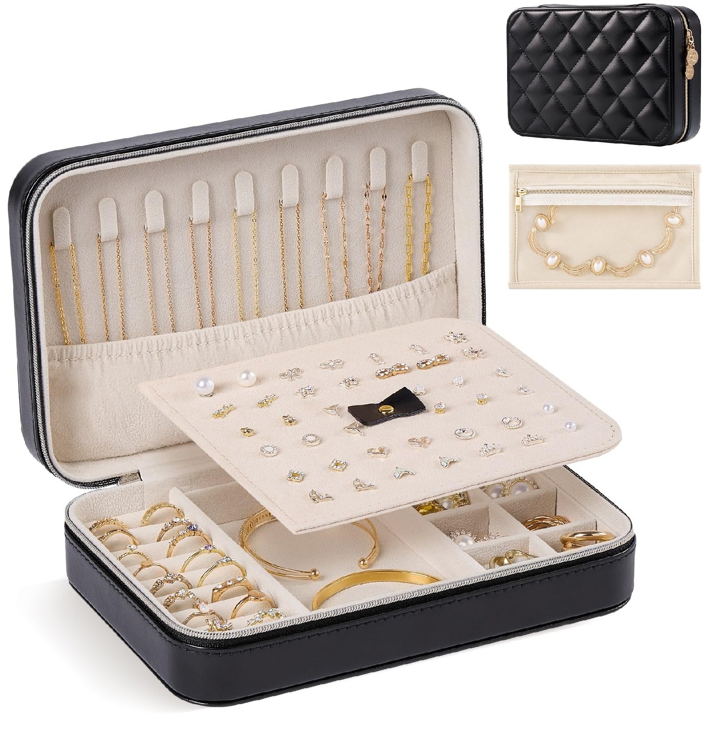 Lolalet Travel Jewelry Case for Women Girls, PU Leather Jewelry Organizer with Clear Storage Bag Small Portable Jewelry Box for Necklace Bracelet Earring Ring Birthday Bridesmaid Gifts -Large/Black