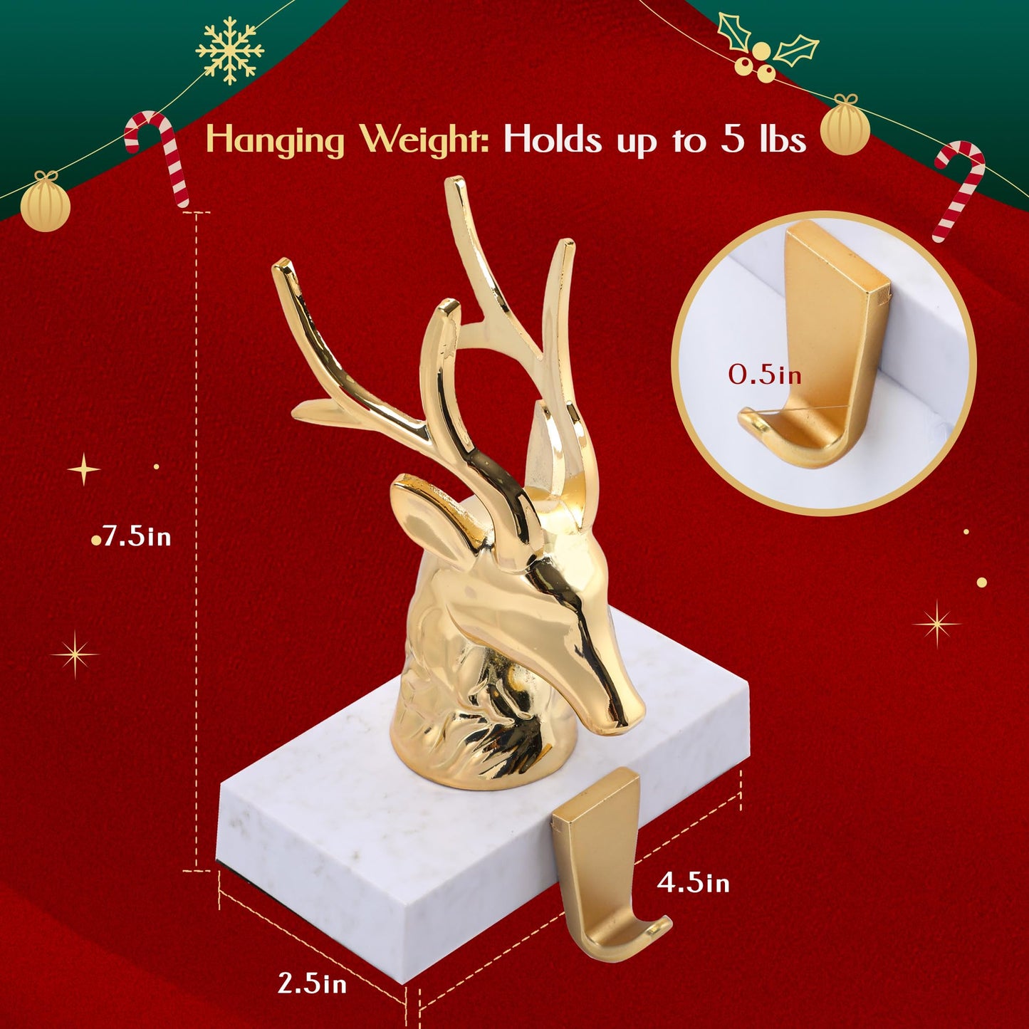 Komiikka Christmas Stocking Holders for Mantle Set of 2, Reindeer Metal Mantel Stockings Hangers Hooks for Xmas Shelf Fireplace Toppers Decorations (Chrome Gold)
