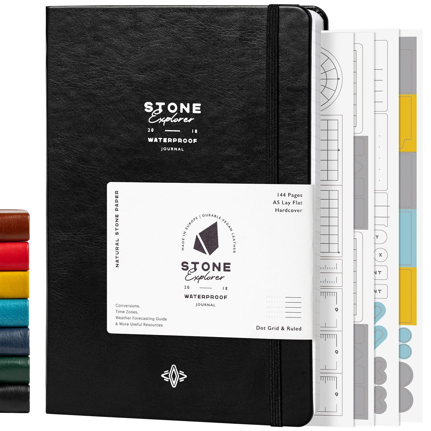 Stone Journal Explorer Notebook – A5 Waterproof Paper Field Journal, Vegan Leather Hardcover, 144 Pages Alternating Ruled & Dot Grid, Back Pocket, Weather-Resistant (Black)