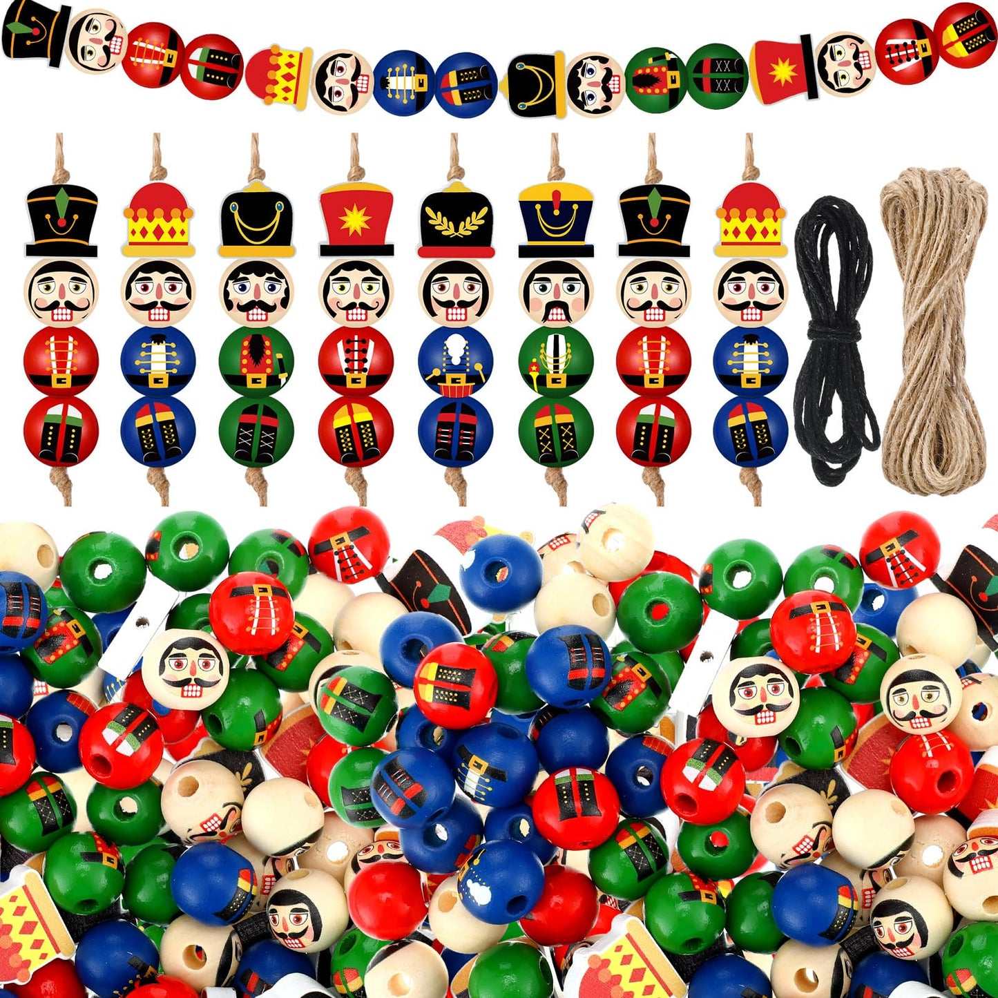 Cinnvoice 240 Pcs Summer Christmas in July Wood Beads with Twine Snowman Gingerbread Man Nutcracker Wooden Bead Garland DIY Crafts Round Beads for Xmas Party Decor(Classic Nutcracker)