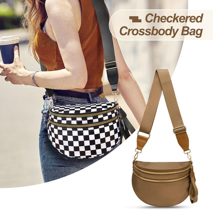 Checkered Crossbody Bag,Nylon Bum Bags for Women Crossbody,Spacious Sling Bag Purse Fanny Packs with Shoulder Strap