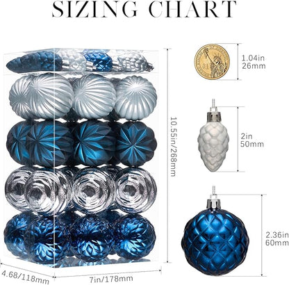 JORNOY Blue and Silver Christmas Tree Ornaments - 2.36inch/60mm Shatterproof Ornaments for Christmas Tree Set Plastic Decorative Hanging Balls Ornaments for Xmas Tree Decorations, 40ct (Blue & Silver)
