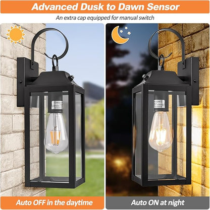 Dusk to Dawn Wall Lights 2 Pack, Black Outdoor Light Fixtures Wall Mount, 15 Inch Exterior Wall Sconces Waterproof, Large Outside Lights for House, Modern Wall Lanterns Clear Glass