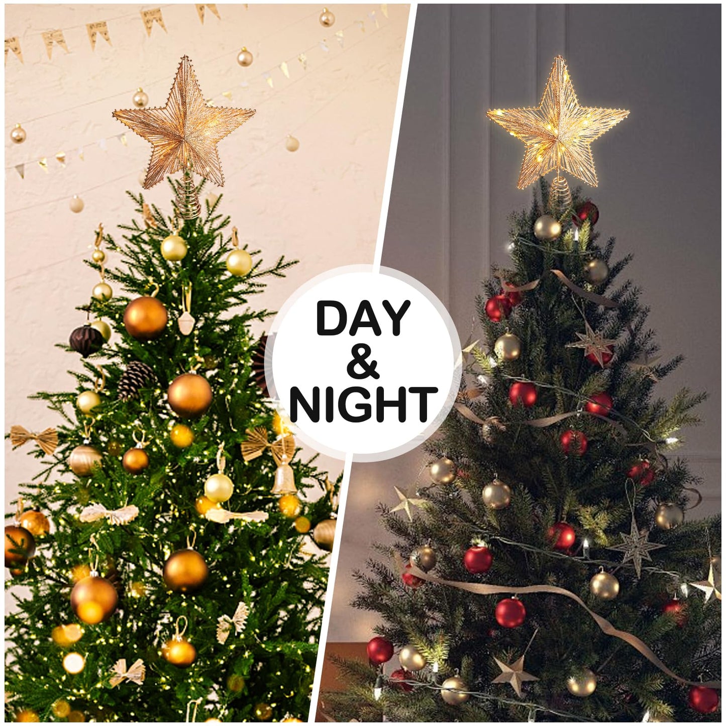Christmas Tree Topper 10" Golden Glittered Star Tree Topper with 30 LED Lights Xmas Tree Topper Star for Xmas Decorations Ornaments Holiday Party Indoor Decor