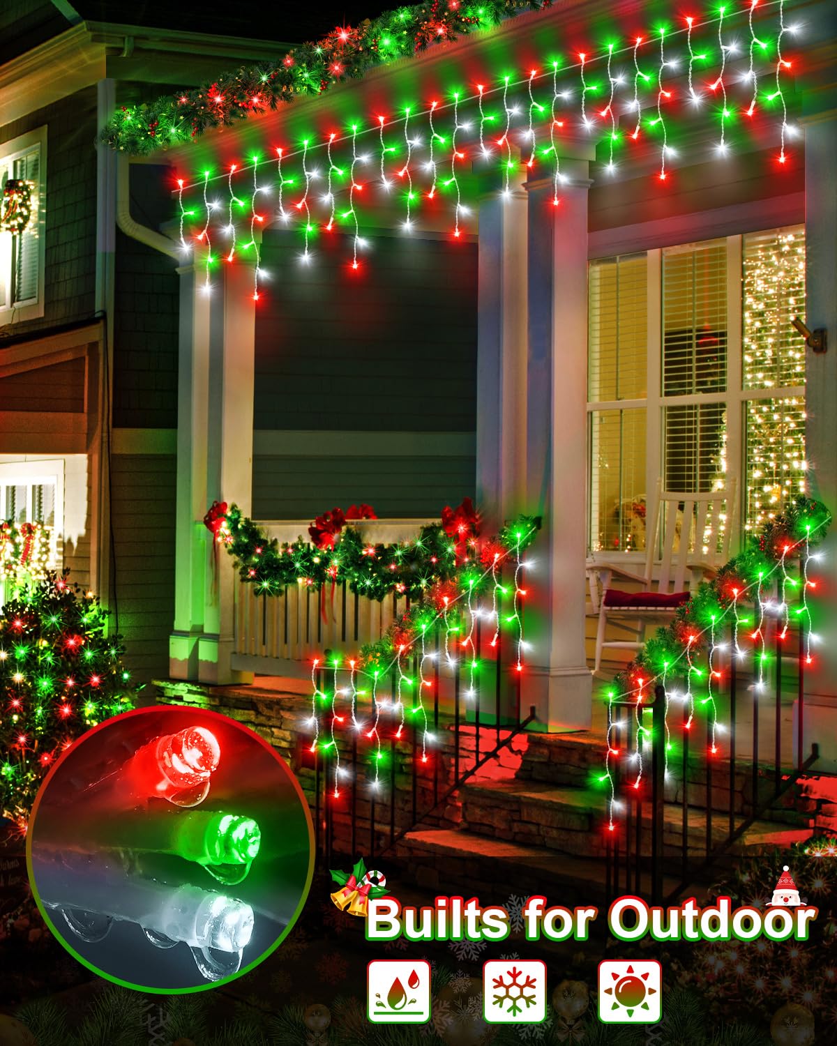 Christmas Lights Outdoor, 53 FT 486 LED Christmas Lights for Outside, Timer & Memory, Plug in 8 Modes Hanging Fairy Light with 108 Drops for House Eaves Yard Patio Decorations, Red Green and White