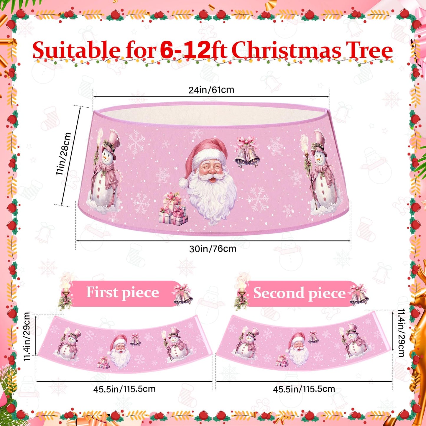 Motionchic Christmas Tree Collar 30'' Pink Santa Claus Christmas Tree Skirt Stand Base Cover Xmas Base Collar Ring Xmas Decoration Stand Skirt for 6 ft - 12 ft Foldable Holiday Winter Party Decor