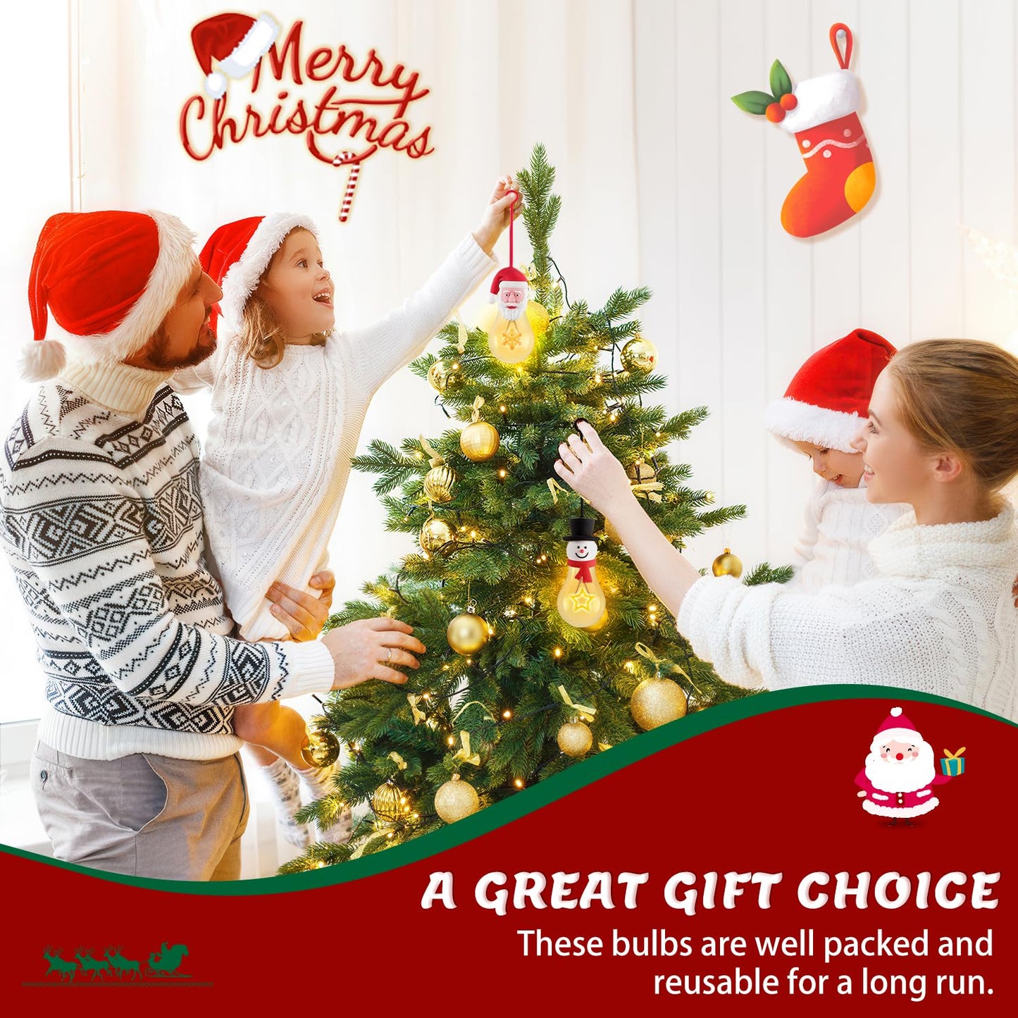 Brightever 2-Pack Hanging Christmas NightLights, USB Rechargeable Indoor Christmas Decorations A19 LED Light Bulb with Snowflake and Star LED Filaments, Great Gift Ideal for Kids, Friends, Family