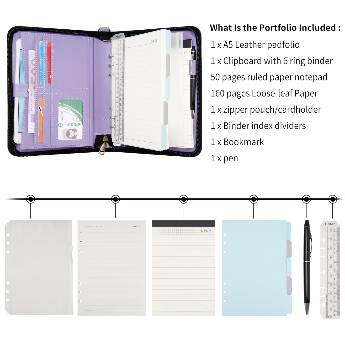 WASON Portfolio A5 Binder Journal with Zipper - Leather pu Writing Notebook Padfolio with Detachable Refillable Notebook, Legal Pad for Business Study and Travel Organizer (Purple)