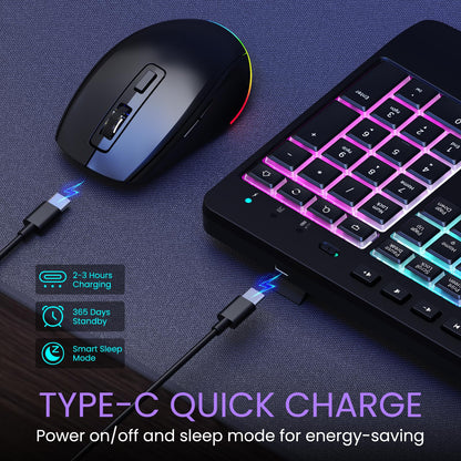 Wireless Keyboard and Mouse Combo- VEILZOR 2.4G Rechargeable Keyboard with Phone Holder, Ergonomic Wrist Rest, 9 RGB Backlit Effects, Silent Keyboard Mouse Set for Windows, Laptop, PC